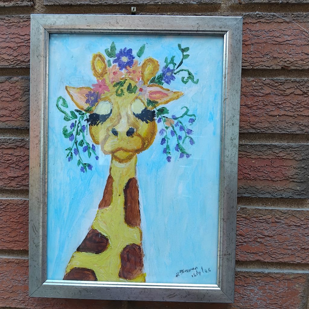 Acrylic painting of a cute giraffe by Karen Freeman
