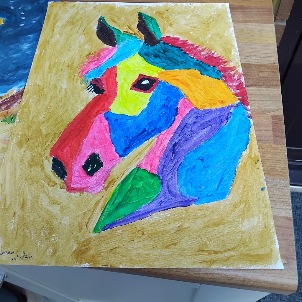 Multi coloured acrylic painting of a horses head by Karen Freeman