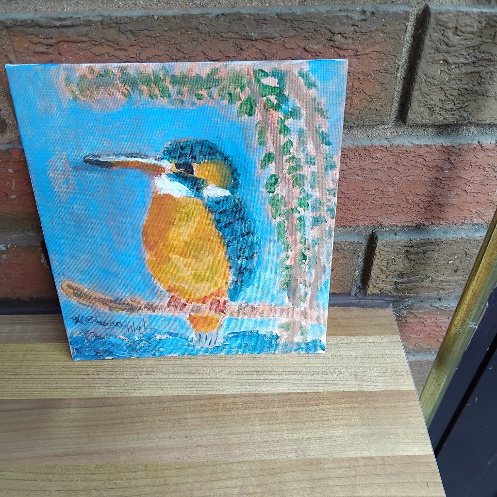 My first acrylic painting of a kingfisher by Karen Freeman
