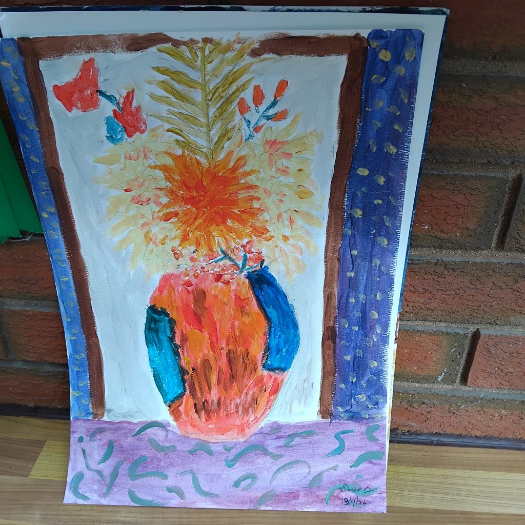 Acrylic Painting of a Vase of Flowers by Karen Freeman