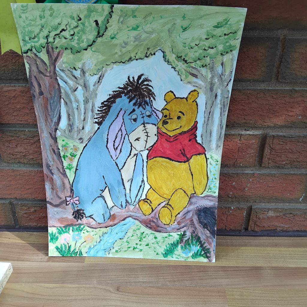 Pooh and Eeyore Forest Scene in acrylics by Karen Freeman